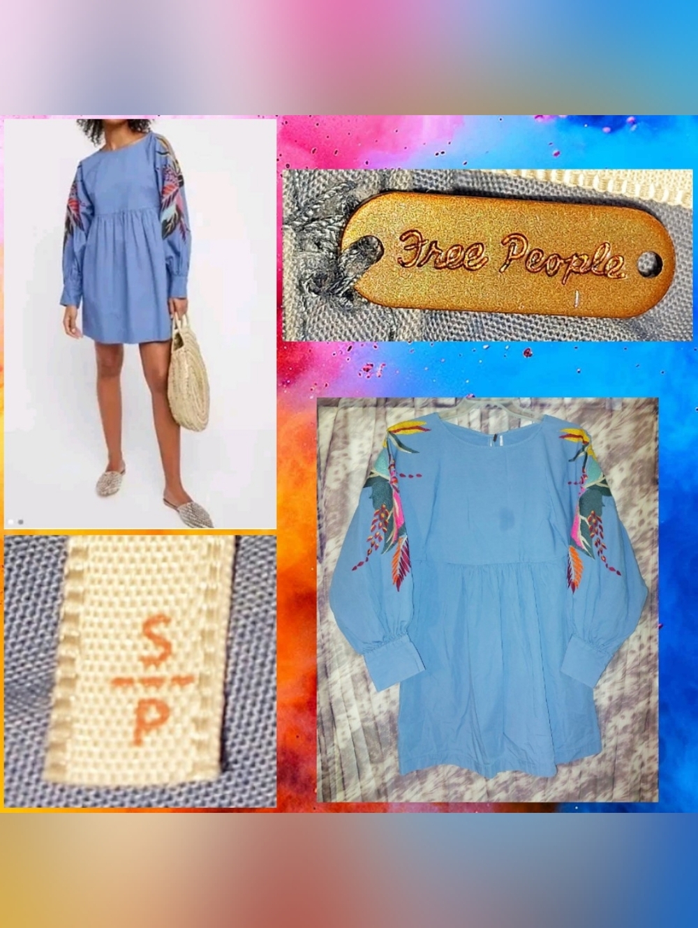 Free People Lt Blue/Multiclr Embroidered Mini Obsessions Soft Woven Dress Sz Sml